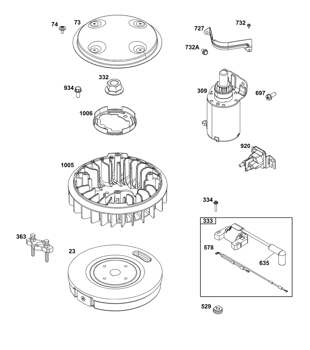 Flywheel, Ignition, And Starter Group Diagram and Parts List for 385777-0355-B5 200000 - 399999 Briggs and Stratton Engine